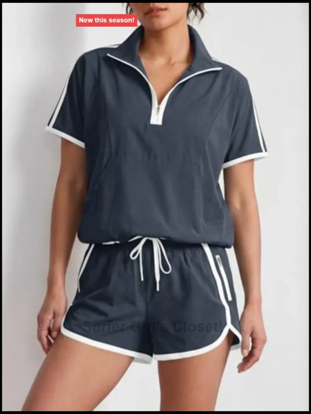 Half Zip V Neck 2 Piece Set Short Sleeve Pullover Top And Shorts